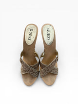 Guess Monogram Rhinestone Logo Wooden Platform Heels