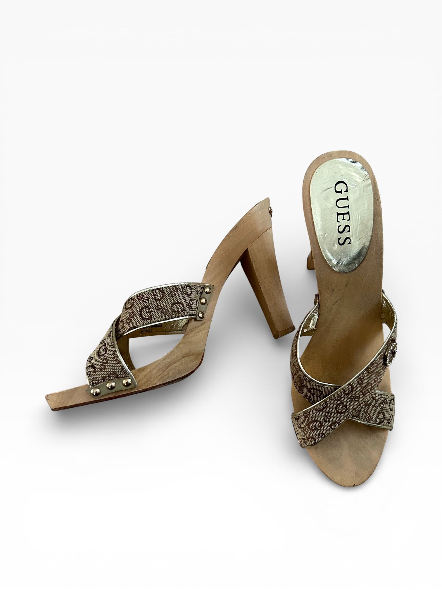 Guess Monogram Rhinestone Logo Wooden Platform Heels