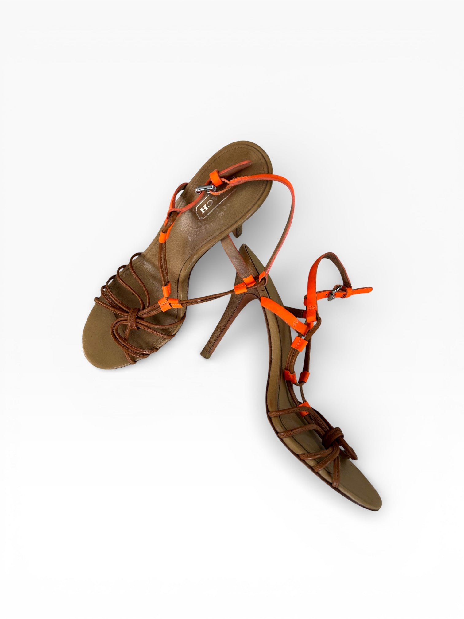 Coach Brown Leather Strappy Heels with Orange Accents