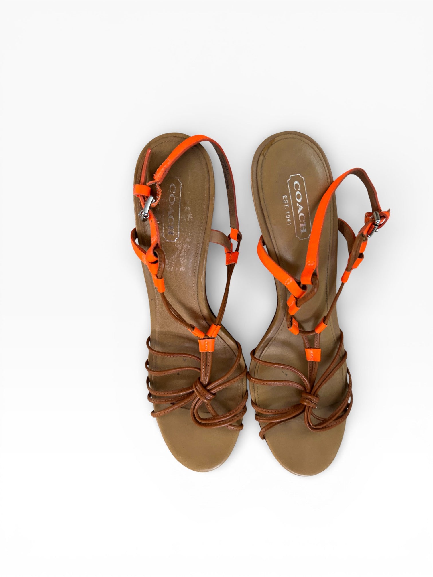 Coach Brown Leather Strappy Heels with Orange Accents