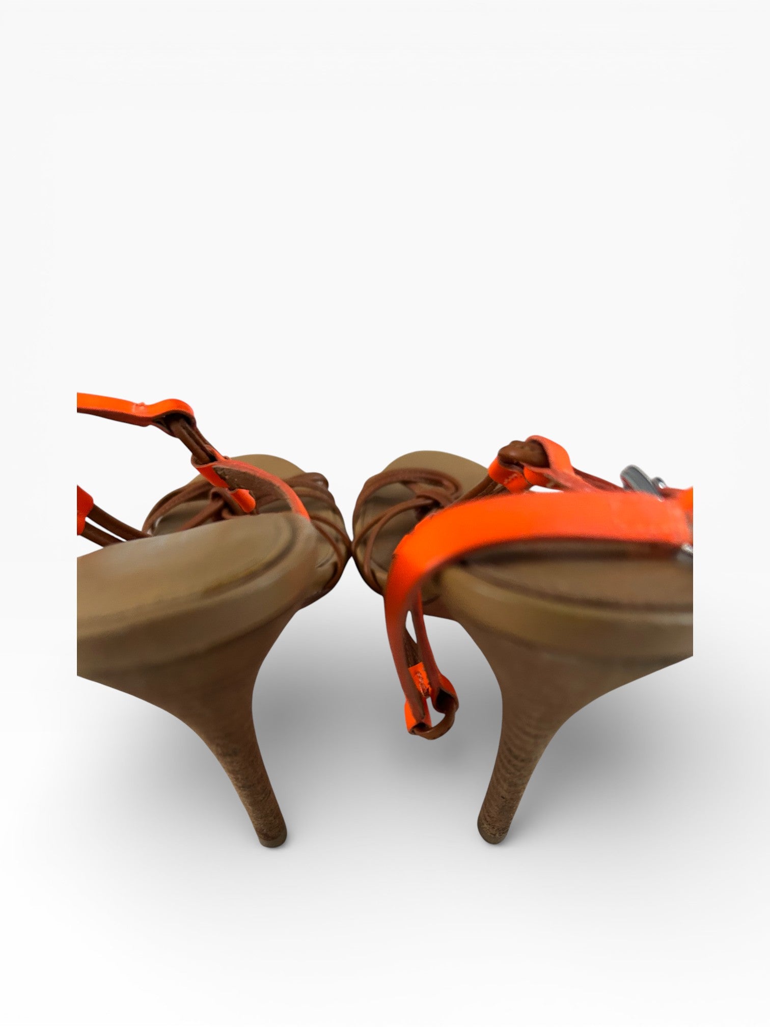 Coach Brown Leather Strappy Heels with Orange Accents