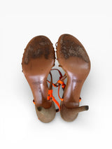 Coach Brown Leather Strappy Heels with Orange Accents