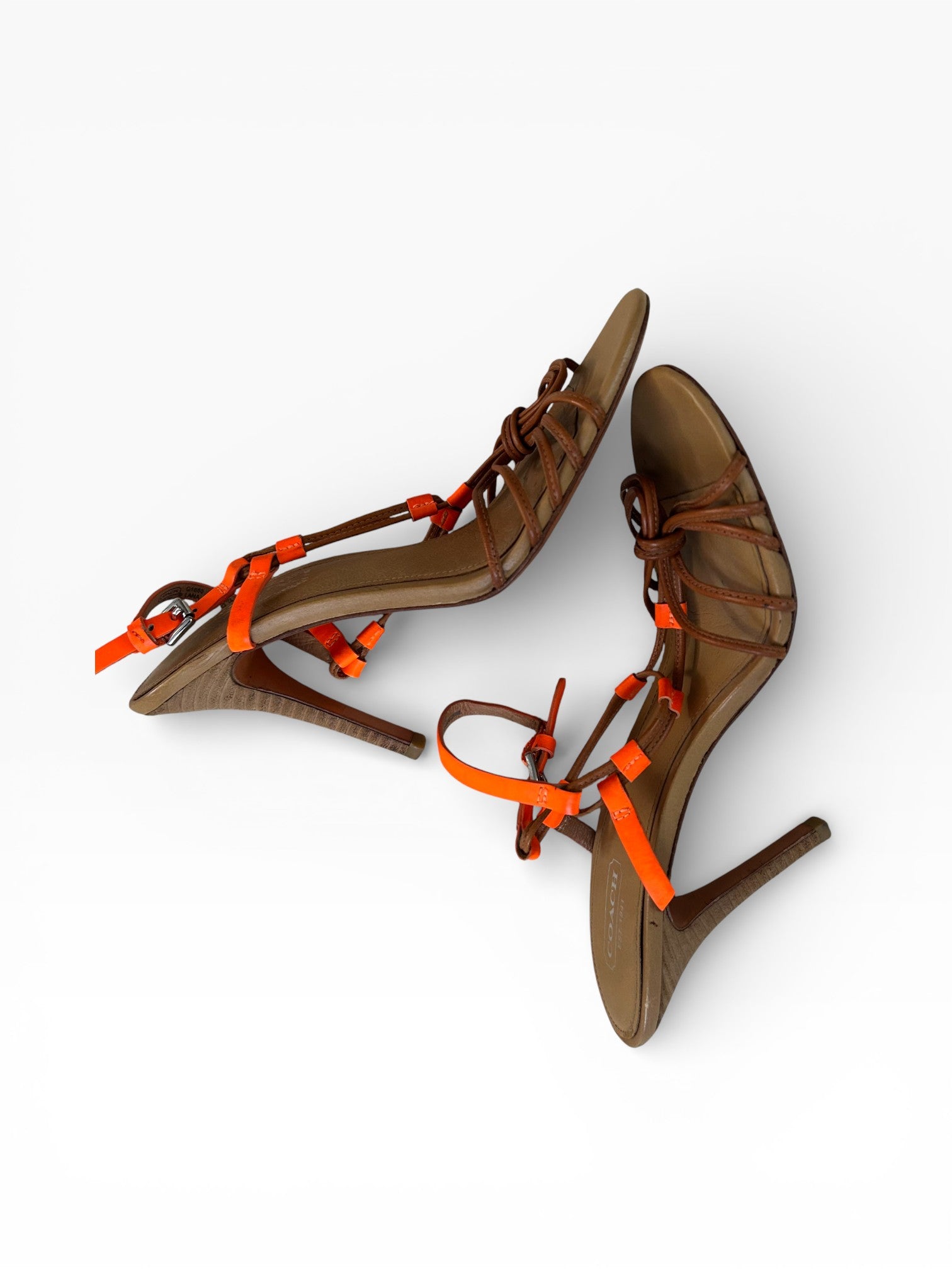 Coach Brown Leather Strappy Heels with Orange Accents