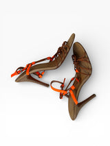 Coach Brown Leather Strappy Heels with Orange Accents