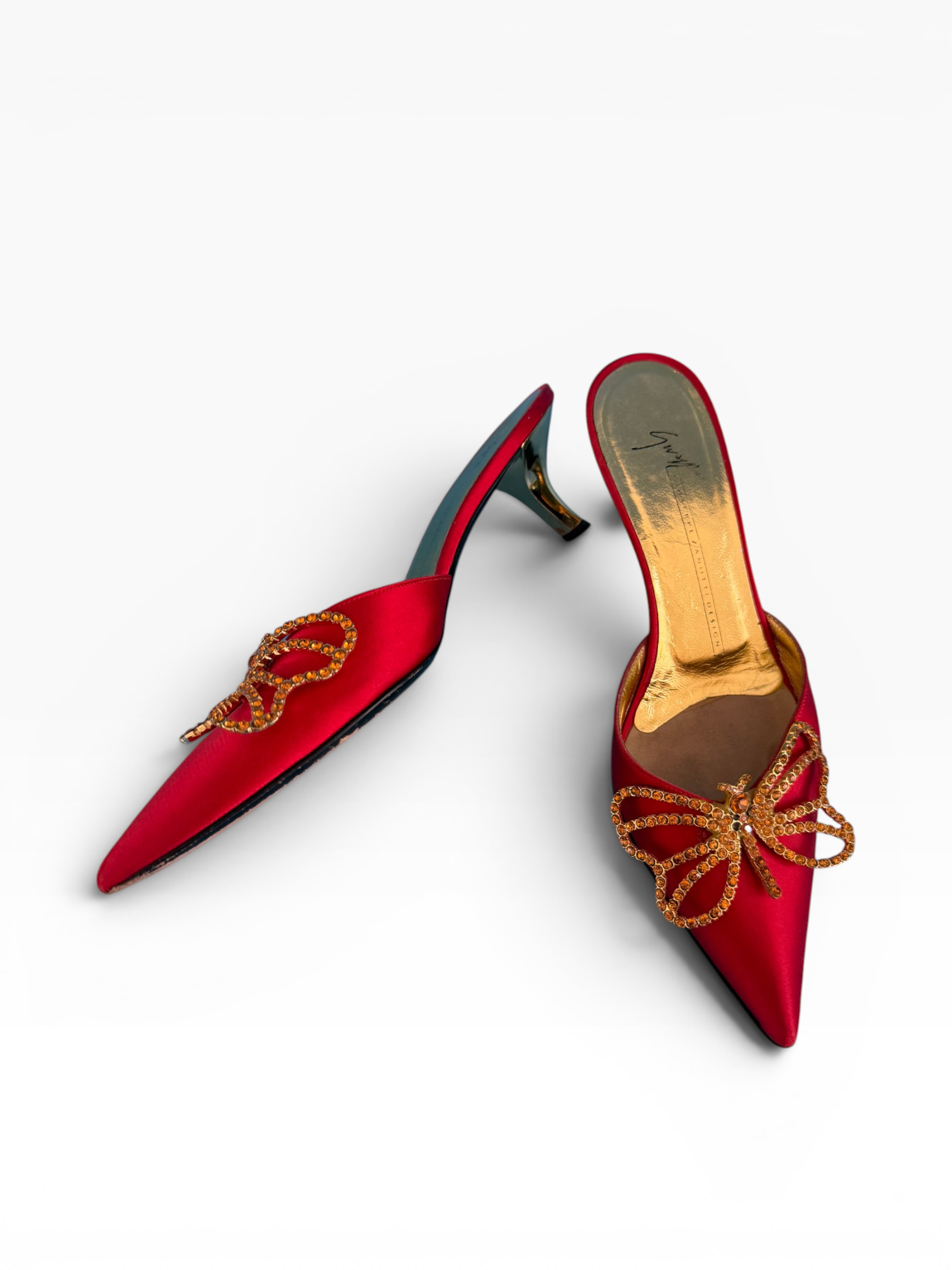 Giuseppe Zanotti Red Satin Crystal Butterfly Kitten Heel Mules