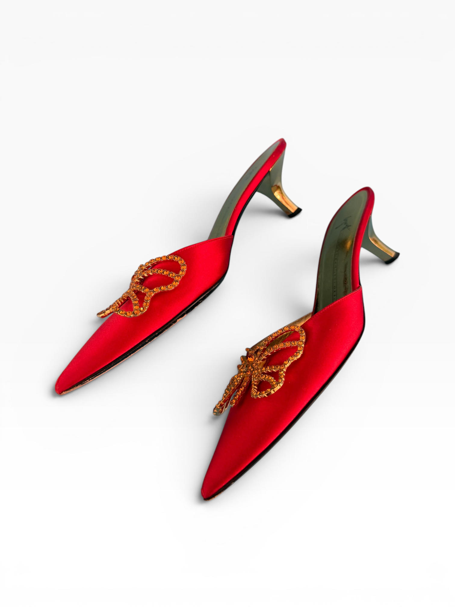 Giuseppe Zanotti Red Satin Crystal Butterfly Kitten Heel Mules