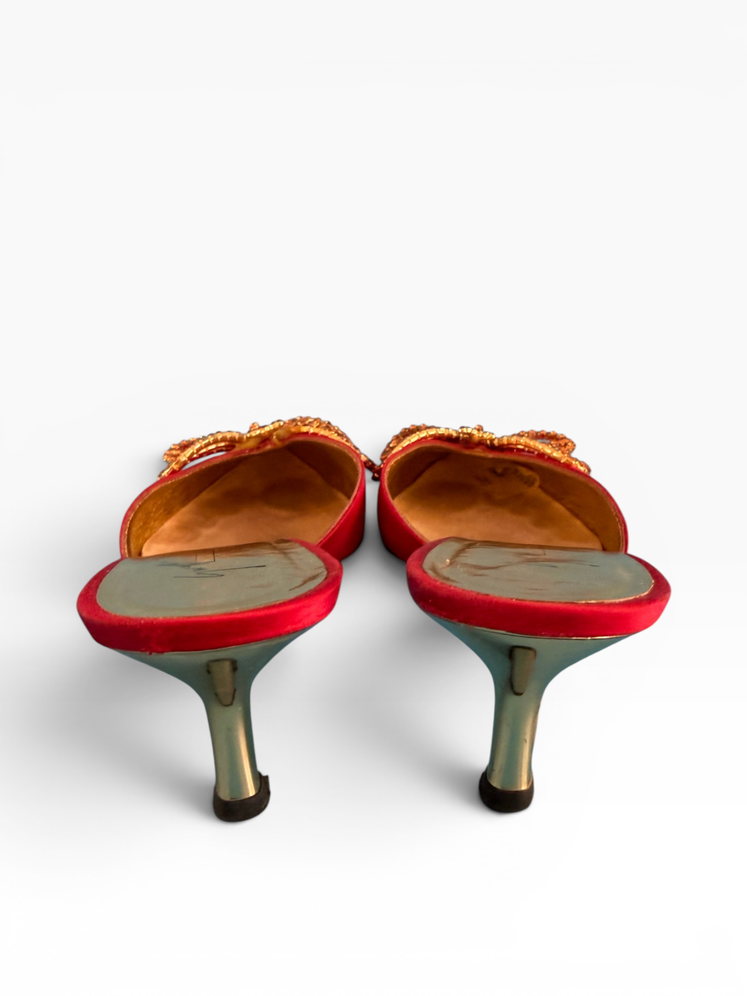 Giuseppe Zanotti Red Satin Crystal Butterfly Kitten Heel Mules