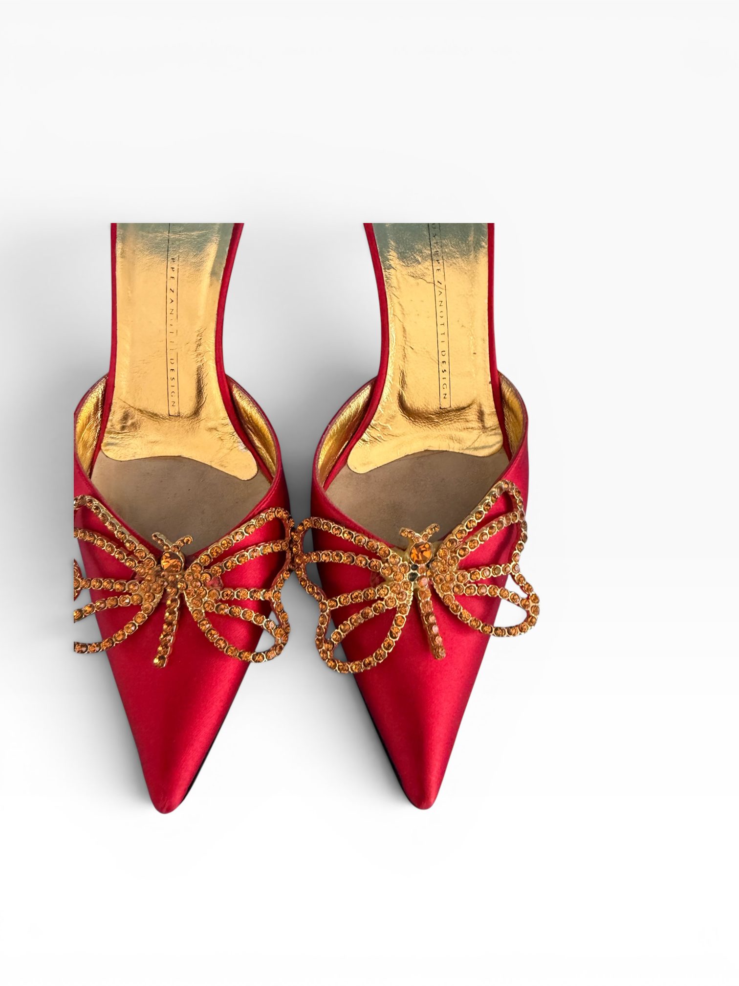 Giuseppe Zanotti Red Satin Crystal Butterfly Kitten Heel Mules