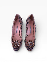 Manolo Blahnik Leopard Velvet Crystal Brooch Pumps