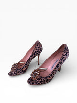 Manolo Blahnik Leopard Velvet Crystal Brooch Pumps