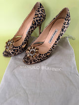 Manolo Blahnik Leopard Velvet Crystal Brooch Pumps