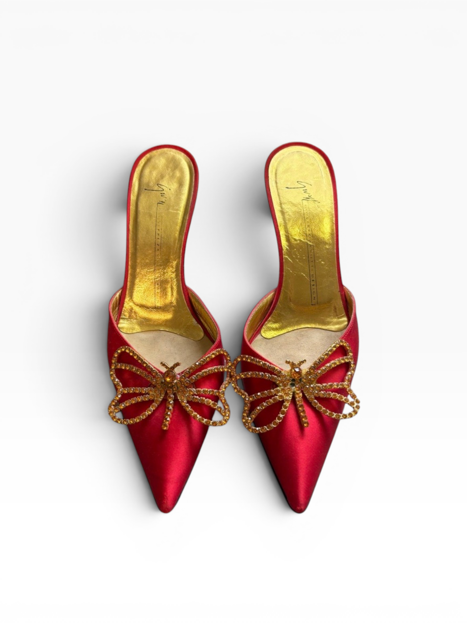 Giuseppe Zanotti Red Satin Crystal Butterfly Kitten Heel Mules
