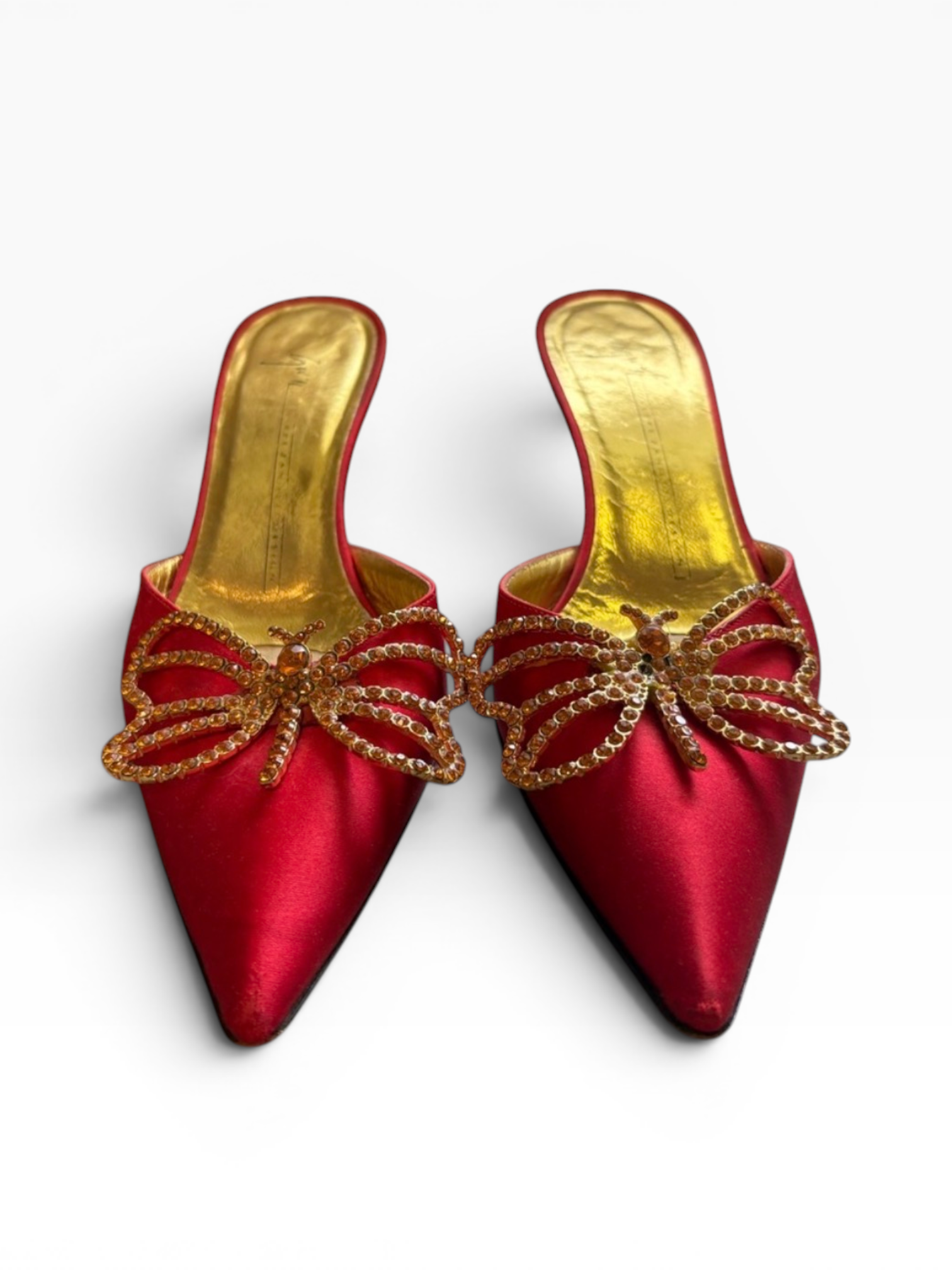 Giuseppe Zanotti Red Satin Crystal Butterfly Kitten Heel Mules