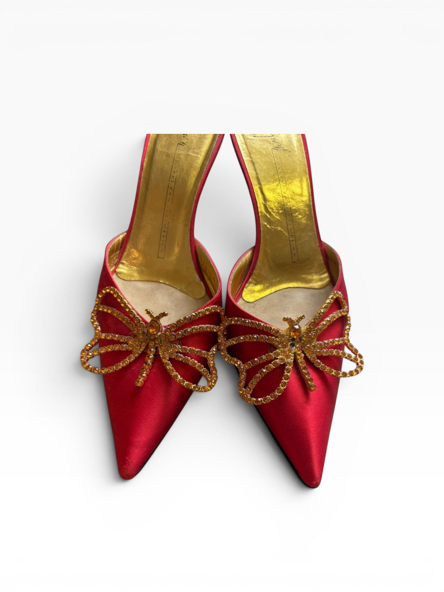 Giuseppe Zanotti Red Satin Crystal Butterfly Kitten Heel Mules