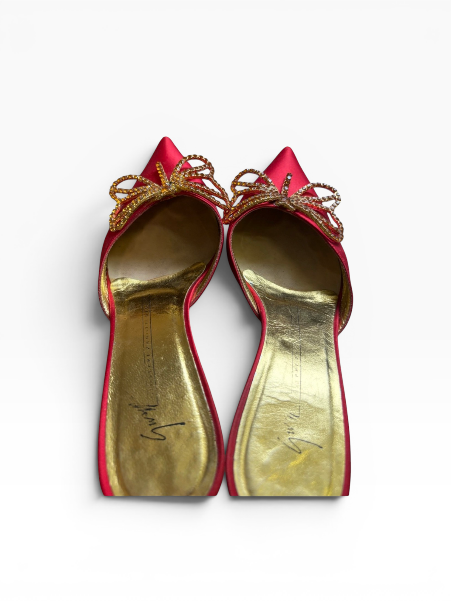 Giuseppe Zanotti Red Satin Crystal Butterfly Kitten Heel Mules