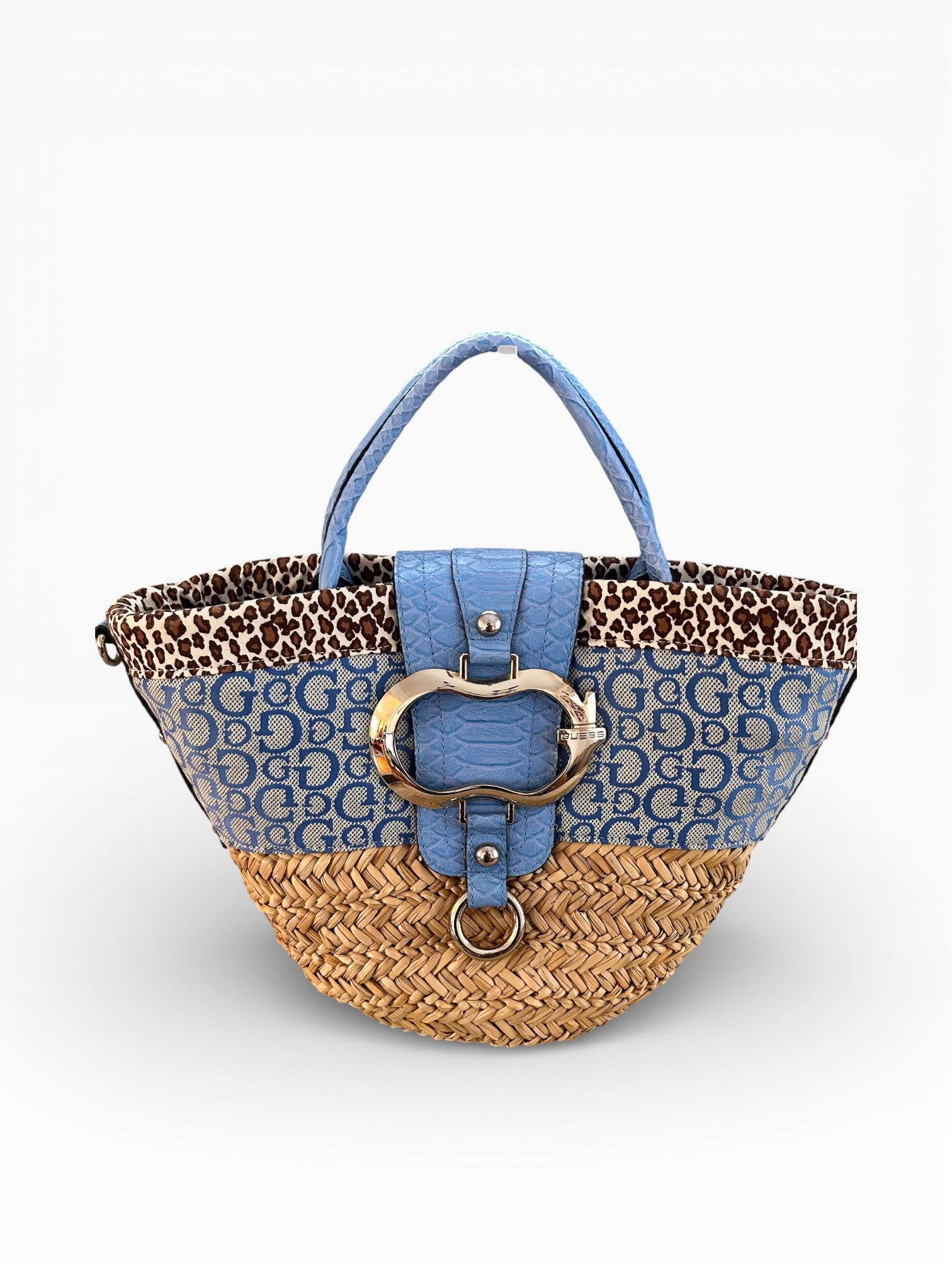 Guess Blue Logo Straw Tote with Leopard Trim