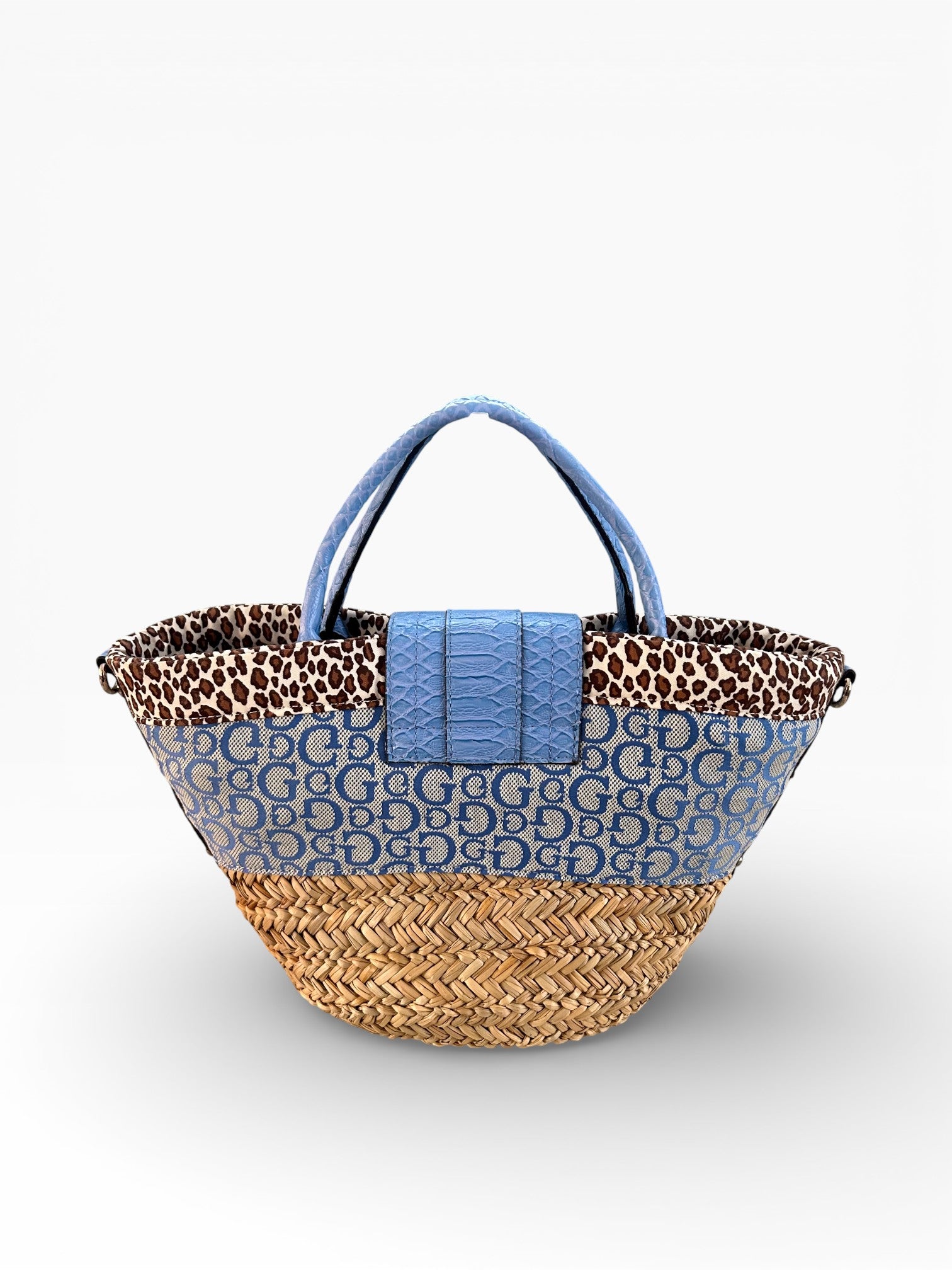 Guess Blue Logo Straw Tote with Leopard Trim