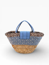 Guess Blue Logo Straw Tote with Leopard Trim