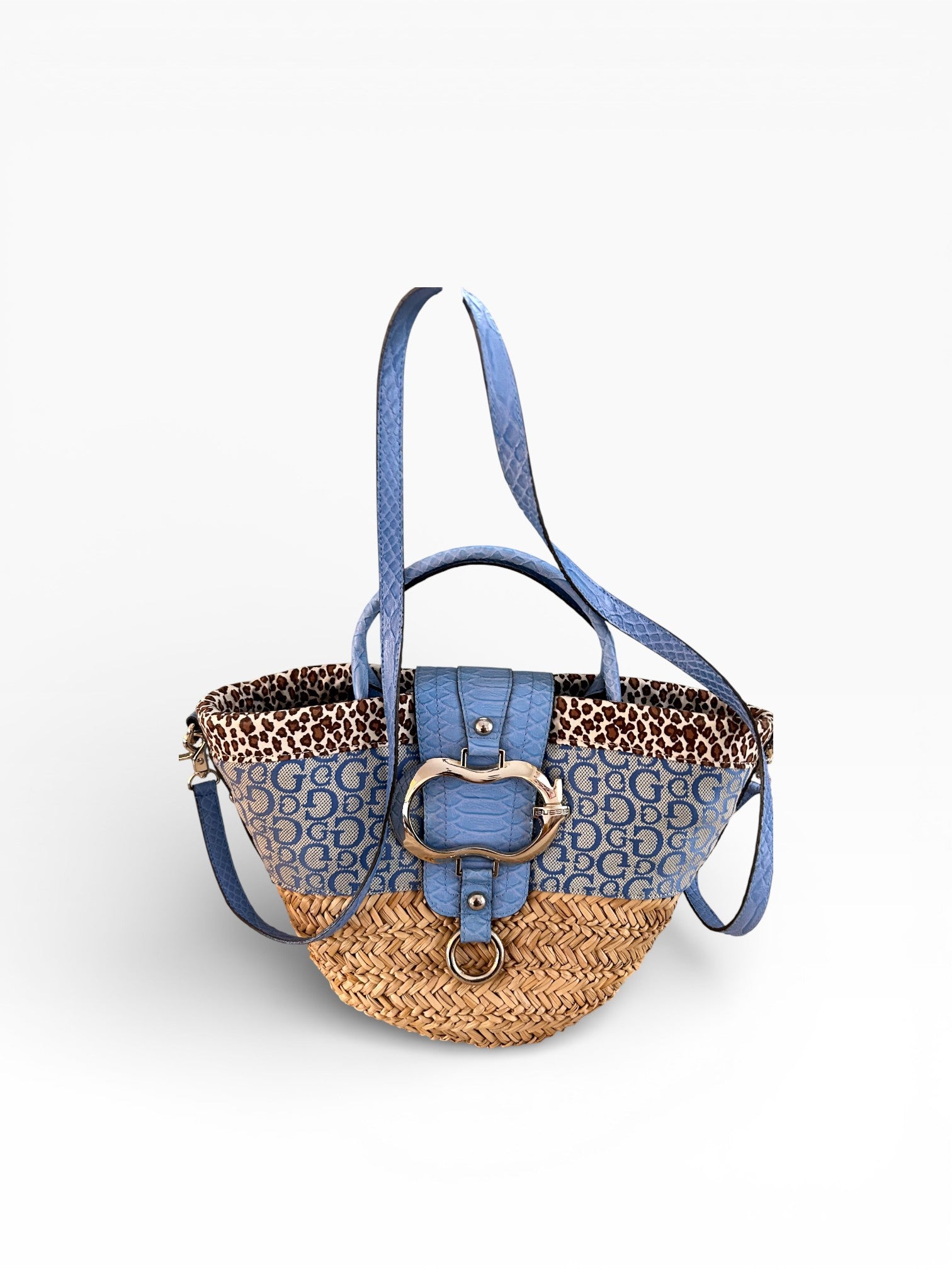 Guess Blue Logo Straw Tote with Leopard Trim