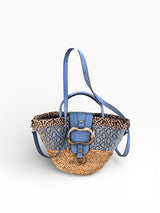 Guess Blue Logo Straw Tote with Leopard Trim