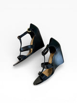 Coach Black Strappy Wedge Sandals