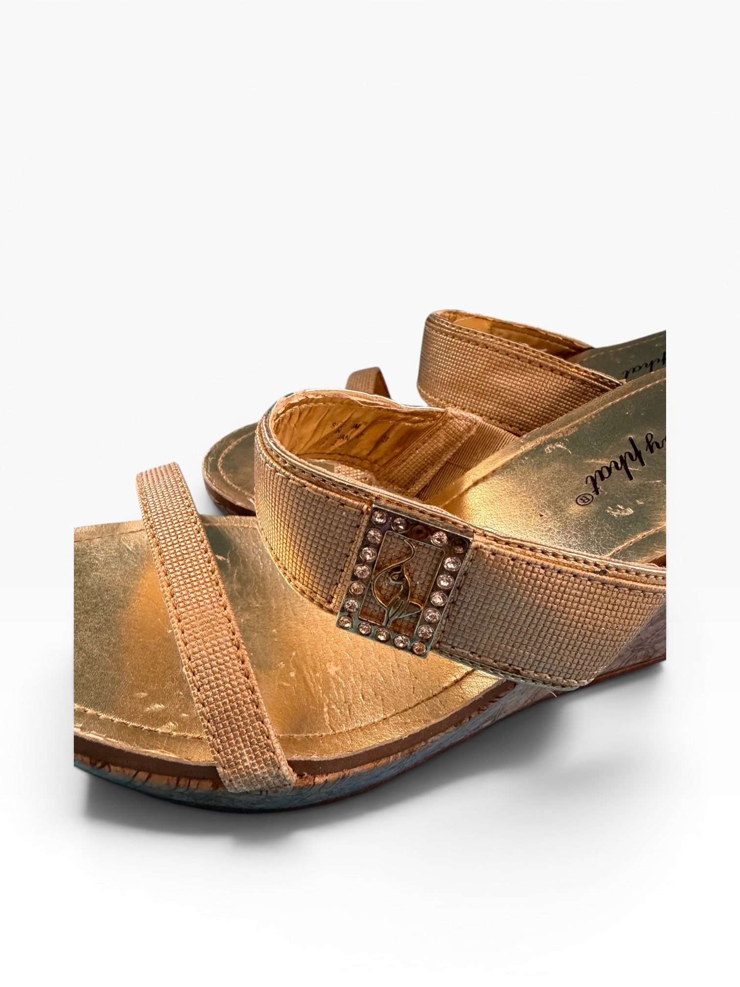 Baby Phat Gold Monogram Cork Wedges