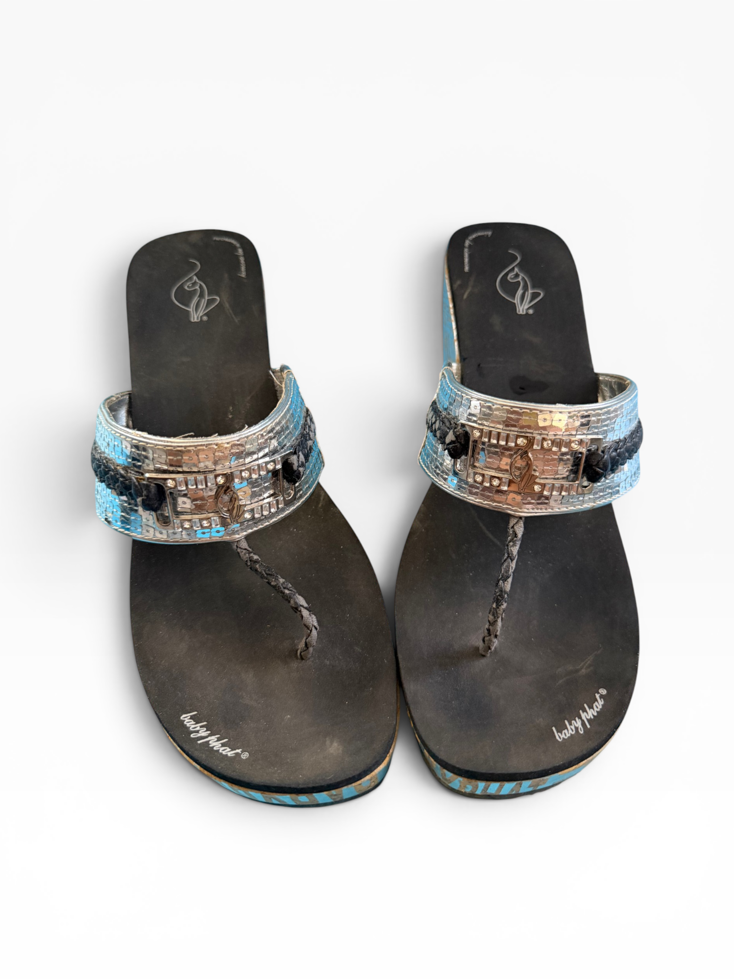 Baby Phat Y2K Sequin Logo Wedge Thong Sandals