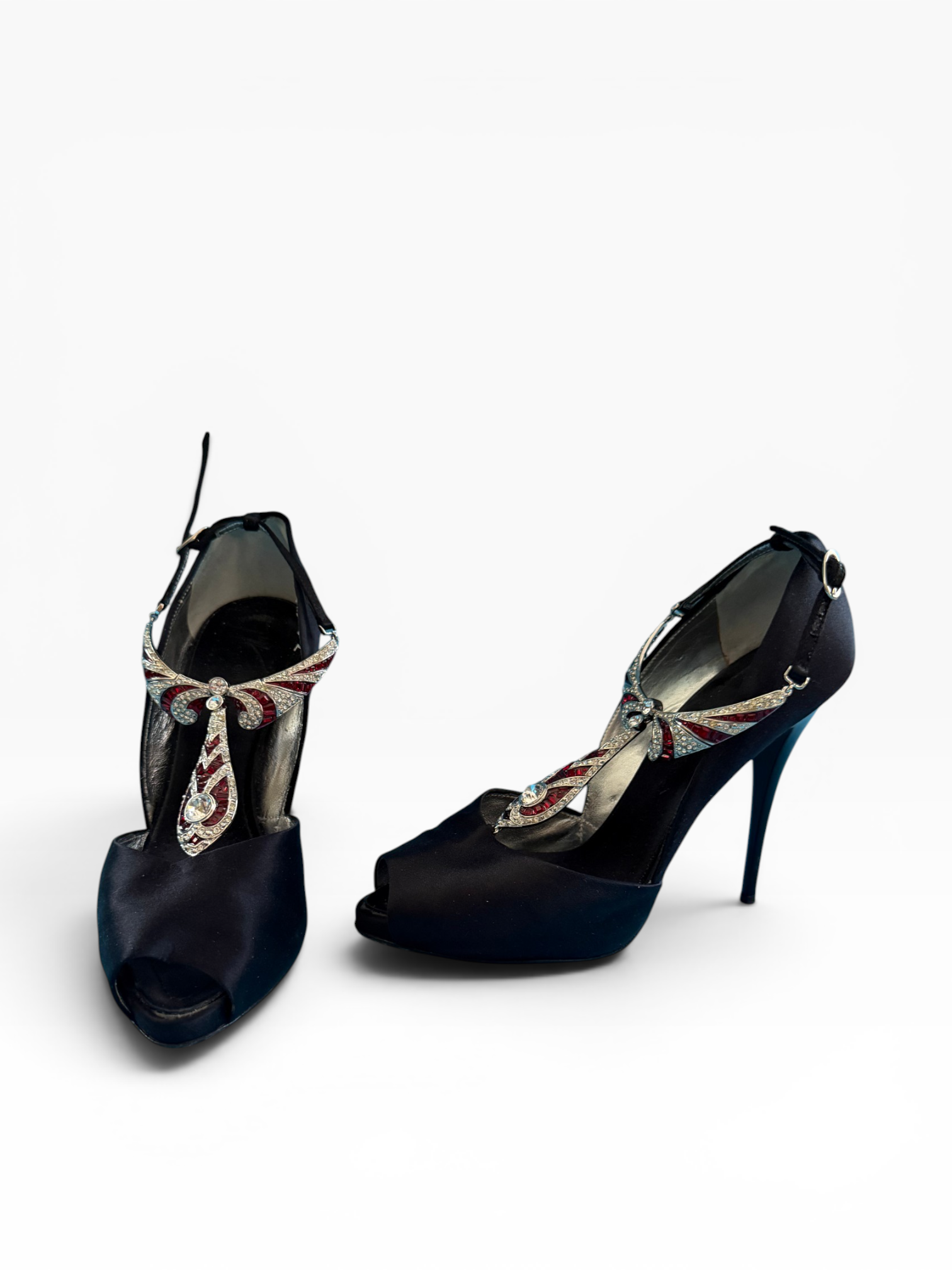 Giuseppe Zanotti Black Satin Deco Crystal T-Strap Peep-Toe Heels