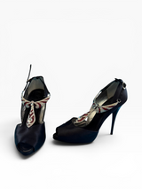 Giuseppe Zanotti Black Satin Deco Crystal T-Strap Peep-Toe Heels