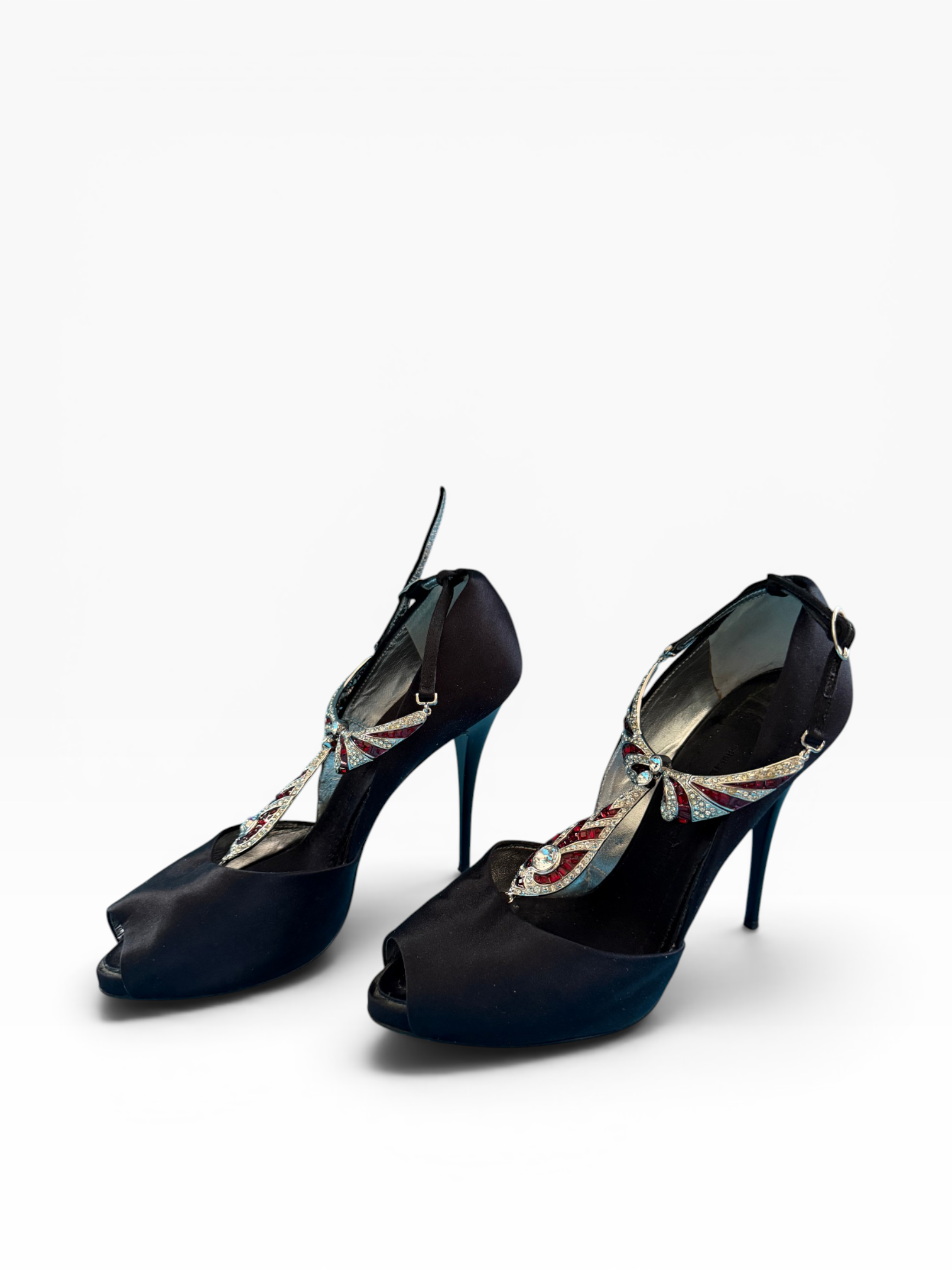 Giuseppe Zanotti Black Satin Deco Crystal T-Strap Peep-Toe Heels
