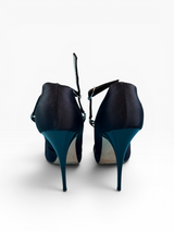 Giuseppe Zanotti Black Satin Deco Crystal T-Strap Peep-Toe Heels