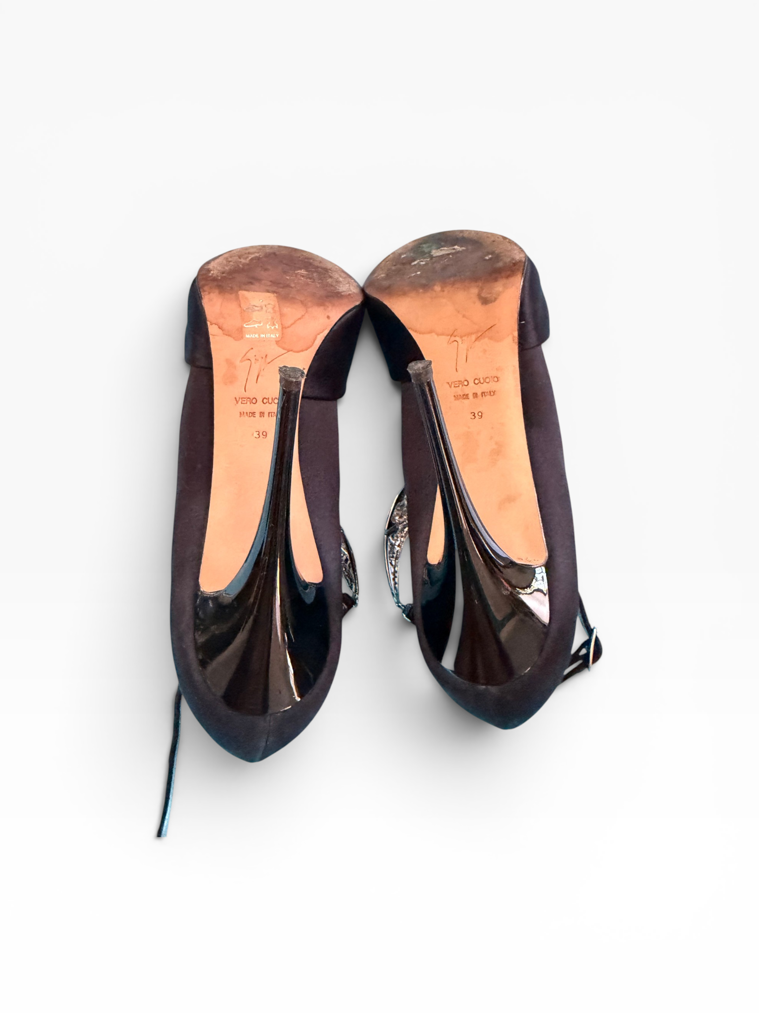 Giuseppe Zanotti Black Satin Deco Crystal T-Strap Peep-Toe Heels