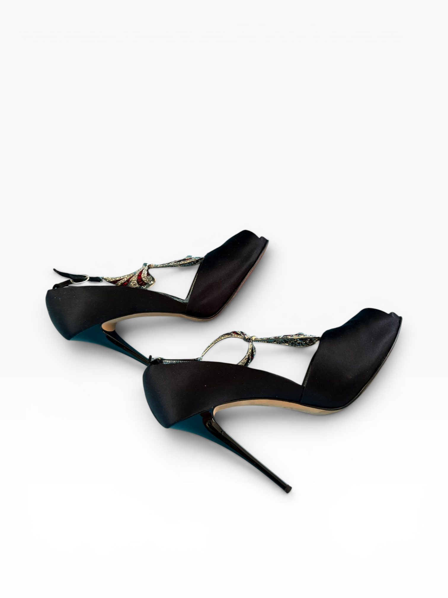 Giuseppe Zanotti Black Satin Deco Crystal T-Strap Peep-Toe Heels