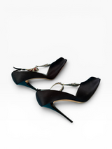 Giuseppe Zanotti Black Satin Deco Crystal T-Strap Peep-Toe Heels
