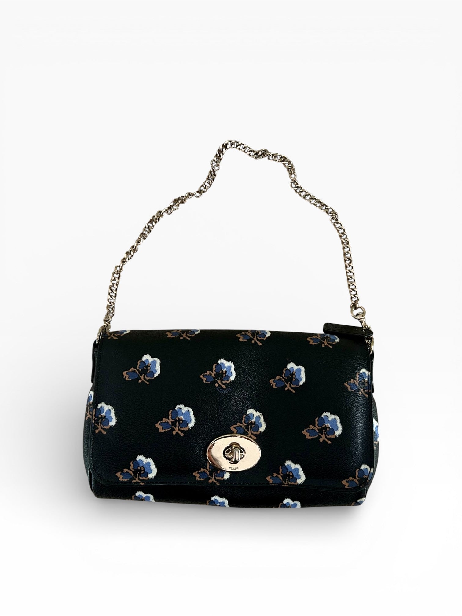 Coach Black Floral Print Leather Chain Shoulder Bag with Butterfly Charm