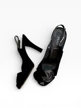 Fendi Black Velvet Slingback Heels with Leather Rosette
