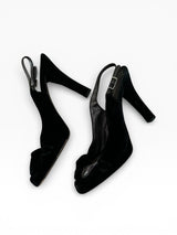 Fendi Black Velvet Slingback Heels with Leather Rosette