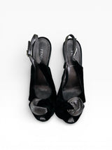 Fendi Black Velvet Slingback Heels with Leather Rosette
