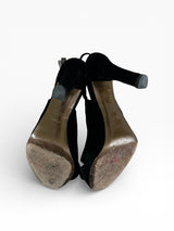 Fendi Black Velvet Slingback Heels with Leather Rosette