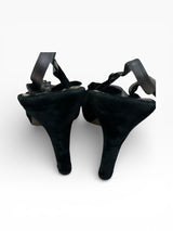Fendi Black Velvet Slingback Heels with Leather Rosette