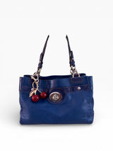 Coach Penelope Blue Leather Tote Bag with Python Trim & Cherry Charm