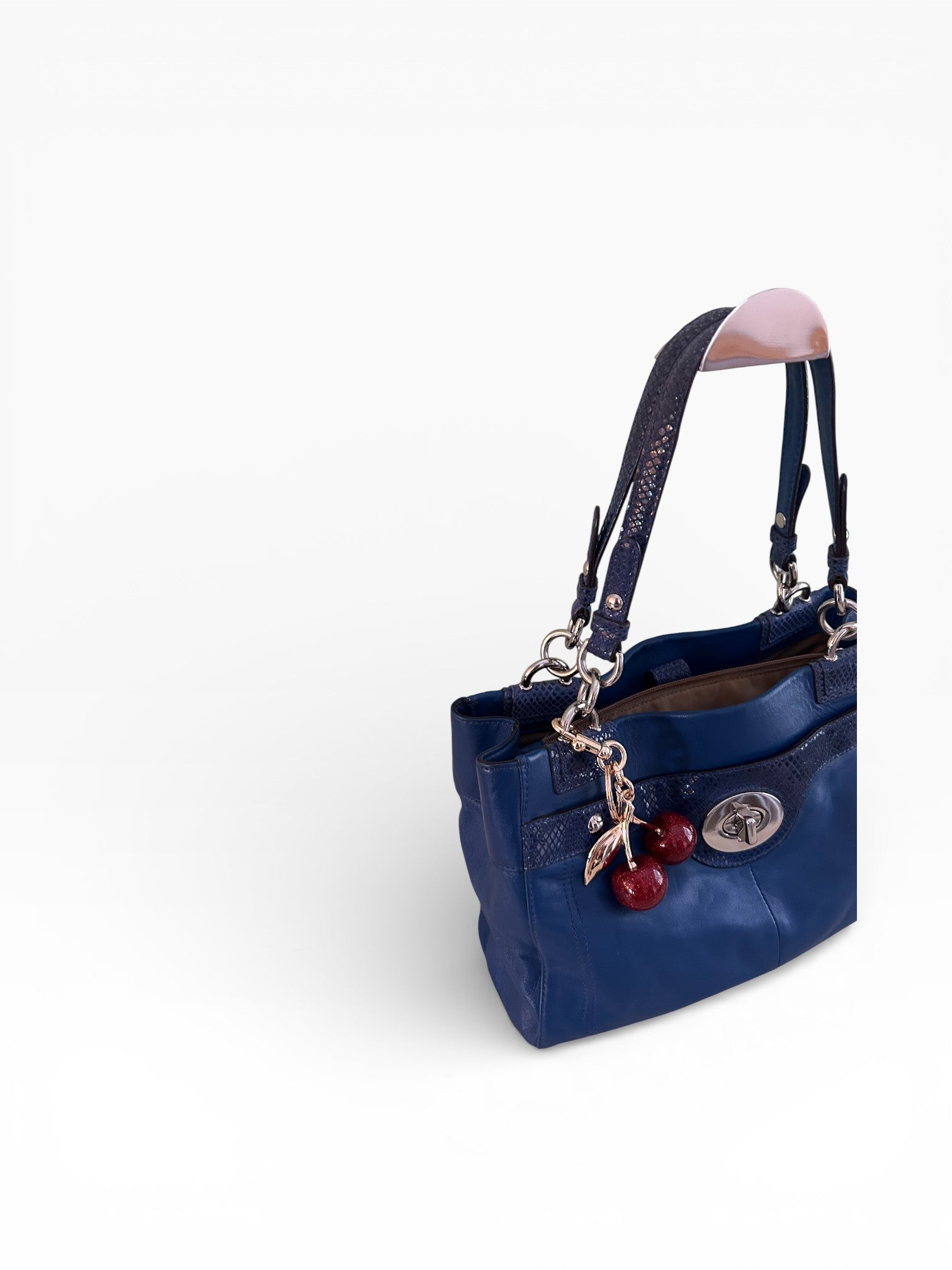 Coach Penelope Blue Leather Tote Bag with Python Trim & Cherry Charm
