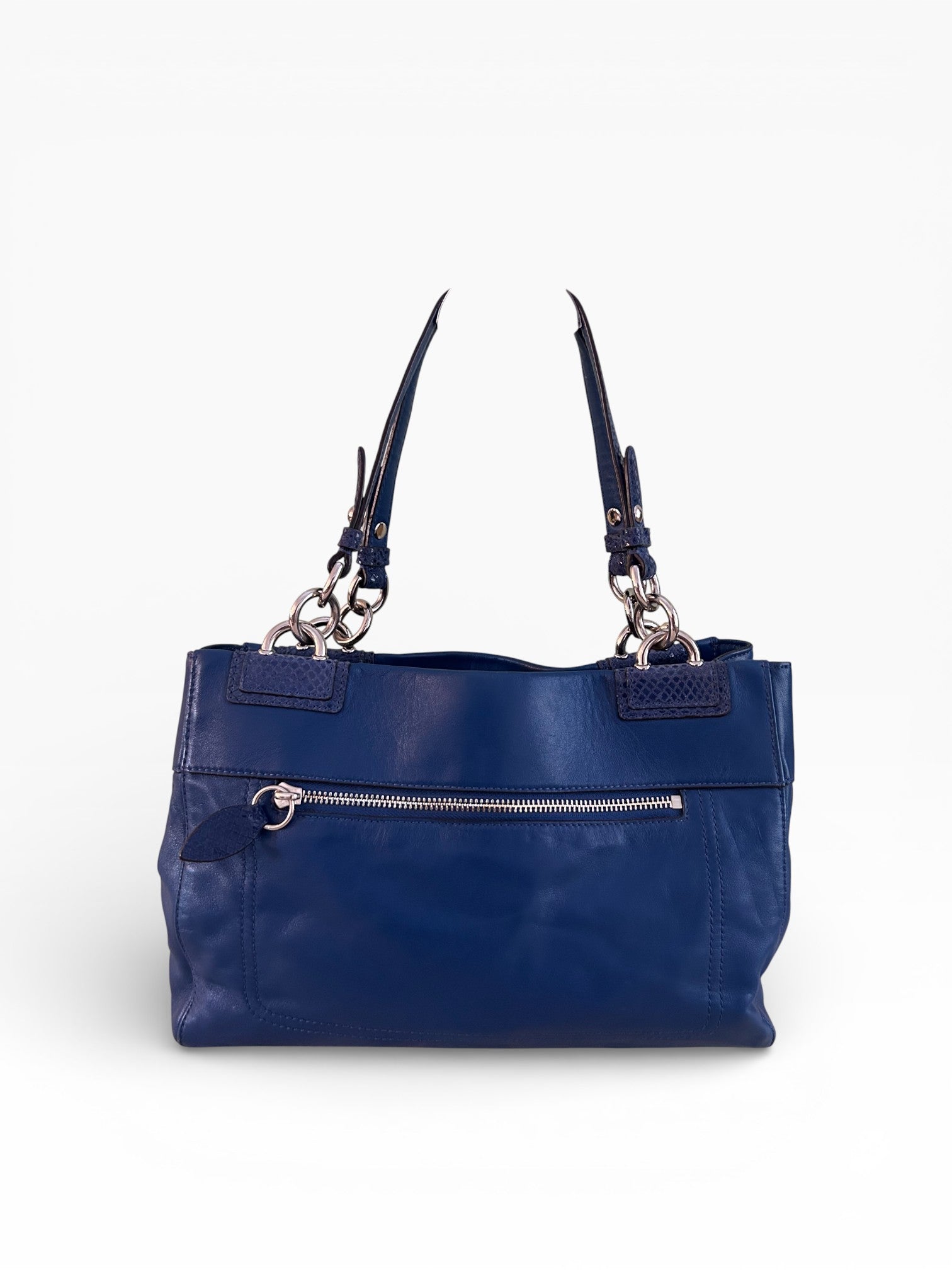 Coach Penelope Blue Leather Tote Bag with Python Trim & Cherry Charm