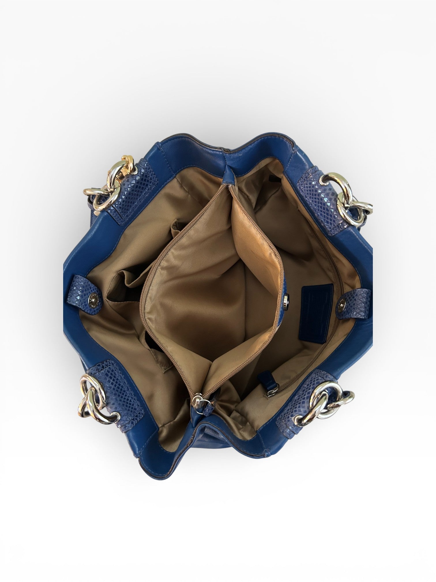 Coach Penelope Blue Leather Tote Bag with Python Trim & Cherry Charm