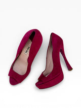 Miu Miu Magenta Suede Glitter Heel Peep-Toe Platform Pumps