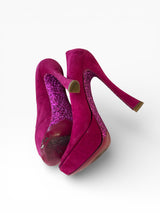 Miu Miu Magenta Suede Glitter Heel Peep-Toe Platform Pumps