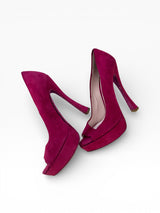Miu Miu Magenta Suede Glitter Heel Peep-Toe Platform Pumps