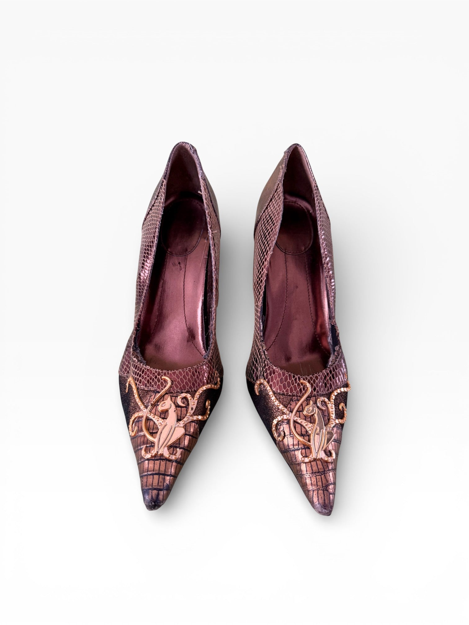 Baby Phat Rose Gold Baroque Embellished Python Heels