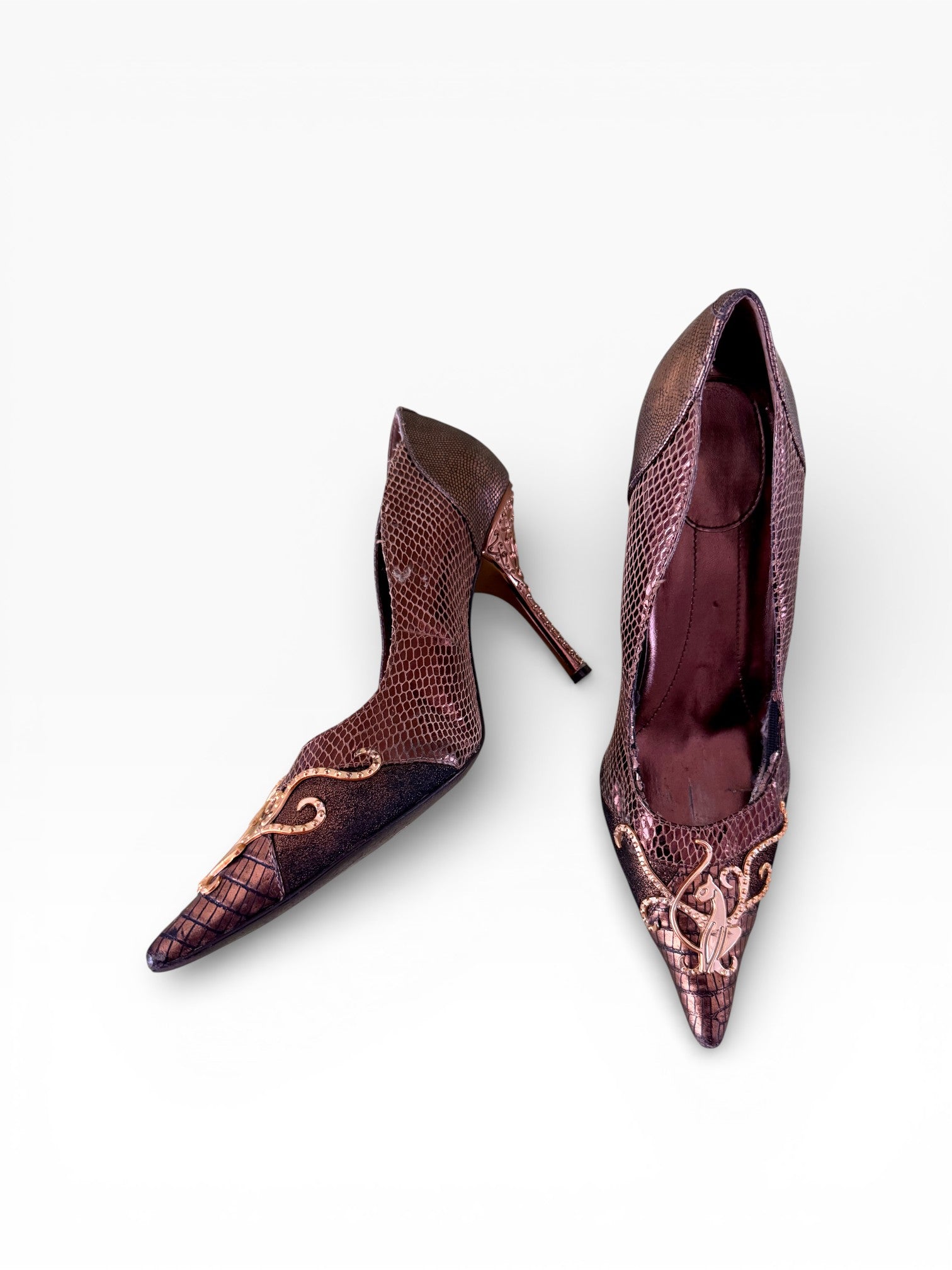 Baby Phat Rose Gold Baroque Embellished Python Heels