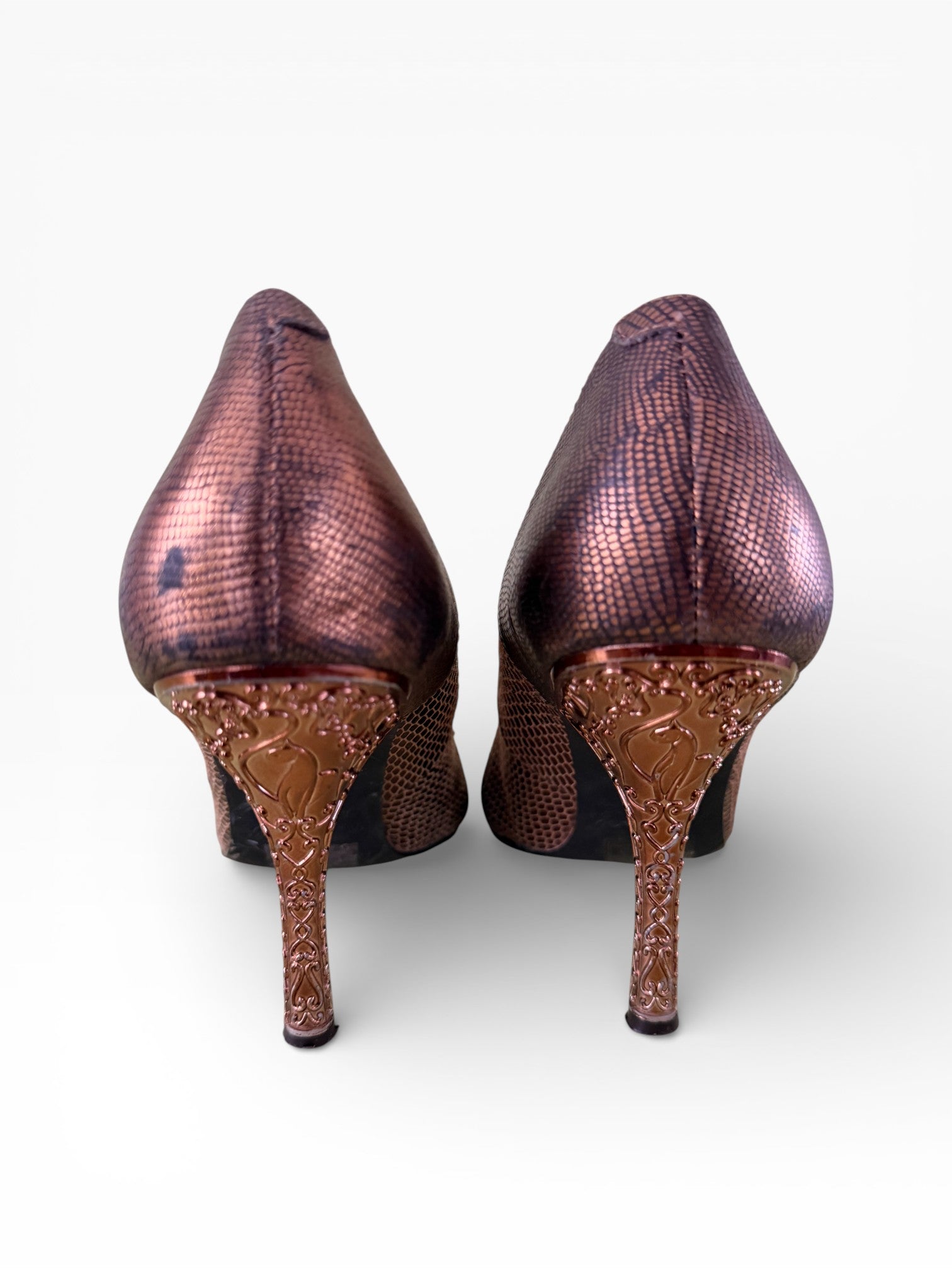 Baby Phat Rose Gold Baroque Embellished Python Heels